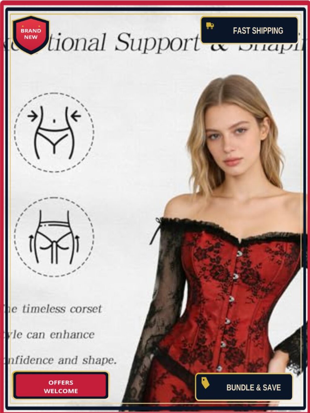 Emprier Women's Lace Corset Top Gothic Long Sleeve Bustier Off Shoulder - Picture 2 of 5
